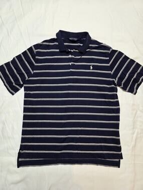Polo Ralph Lauren Golf Shirt Mens Large Blue White Striped Pima Cotton Pony Logo